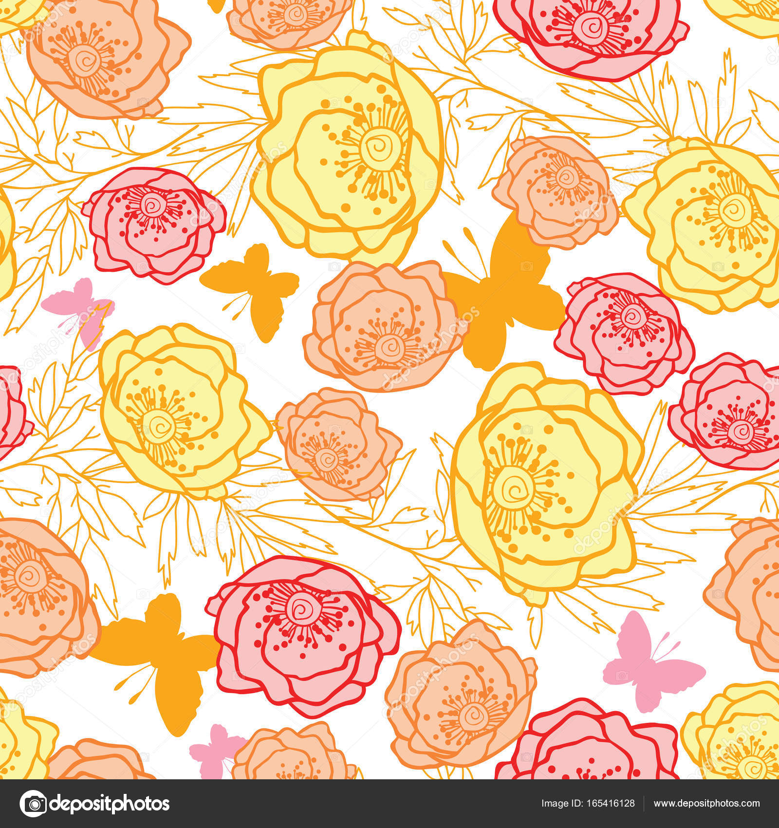 Vektorrosa, gule, oransje blader, sommerfugler og blomster, sømløse  sommerfugler med pastellplanter og blader på hvit bakgrunn. Flott for  feriebelagt stoff, tapeter, innpakning . stockvektor © OksanciaArt  #165416128, image size:963x1024
