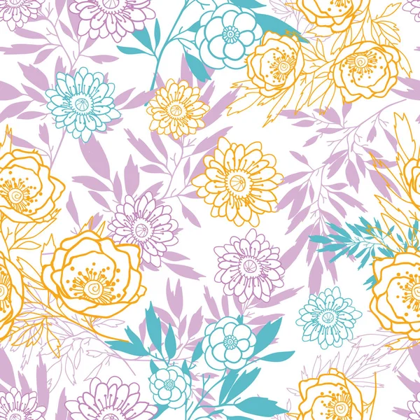 Vector roze, gele, blauwe bladeren en bloemen in de zomer naadloze patroon met pastel planten en bladeren op een witte achtergrond. Ideaal voor vakantie thema stof, behang, verpakking. — Stockvector