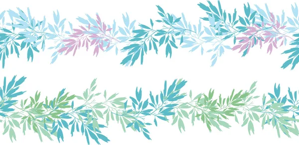 Vektor modrá růžová tropické listy letní horizontální vzor bezešvé hraničí sada s tropickými rostlinami růžové, modré a ponechává na bílém pozadí. Ideální pro dovolenou s motivem látky, tapety, obaly. — Stockový vektor