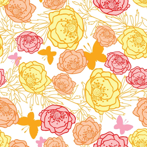 Vector rosa, amarillo, naranja hojas, mariposas, y flores patrón sin costuras de verano con plantas pastel y hojas sobre fondo blanco. Ideal para la tela temática de vacaciones, papel pintado, embalaje . — Vector de stock