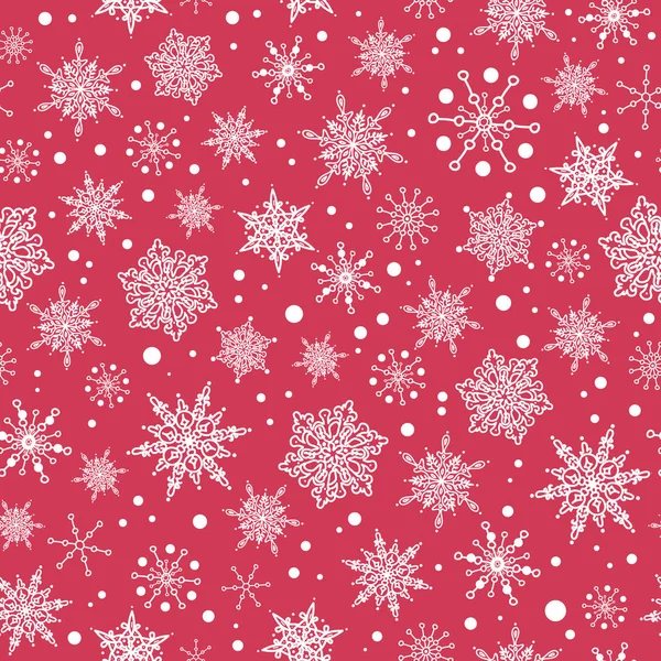 Vector rosa rojo dibujado a mano christmass copos de nieve repetir fondo patrón sin costuras. Puede ser utilizado para la tela, papel pintado, papelería, embalaje . — Vector de stock