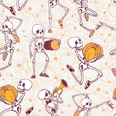 Vektör dans ve müzik iskeletler Haloween desen arka plan tekrarlayın. Büyük ürkütücü eğlenceli parti için temalı kumaş, hediyeler, giftwrap.