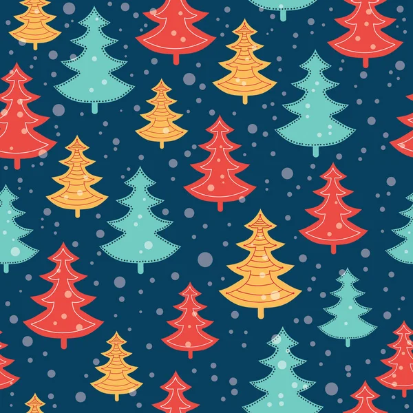 Vector azul, rojo y amarillo dispersos árboles de Navidad vacaciones de invierno patrón sin costuras sobre fondo azul oscuro. Ideal para la tela, papel pintado, embalaje, regalo . — Archivo Imágenes Vectoriales