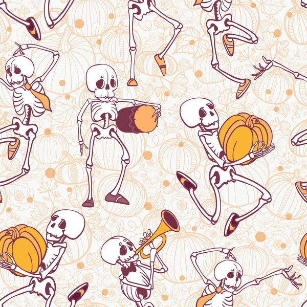 Vector dansen en muzikale skeletten Haloween herhalen patroon achtergrond. Groot voor griezelig leuke party thema weefsel, geschenken, geschenkverpakking. — Stockvector