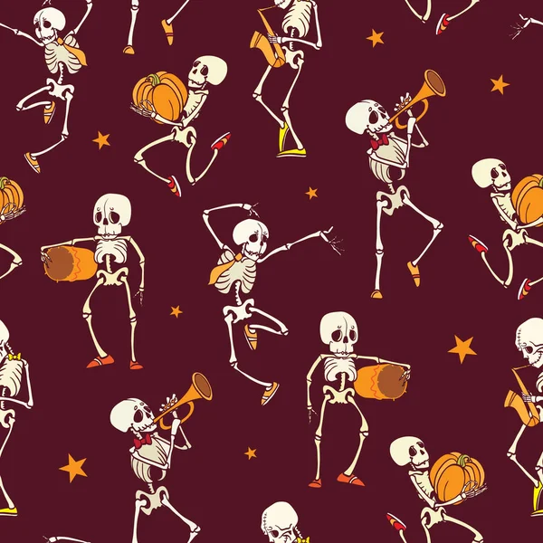 Vetor vermelho escuro dançando e chapeamento esqueletos de música banda Haloween repetição padrão de fundo. Ótimo para assustador divertimento partido temático tecido, presentes, giftwrap . —  Vetores de Stock