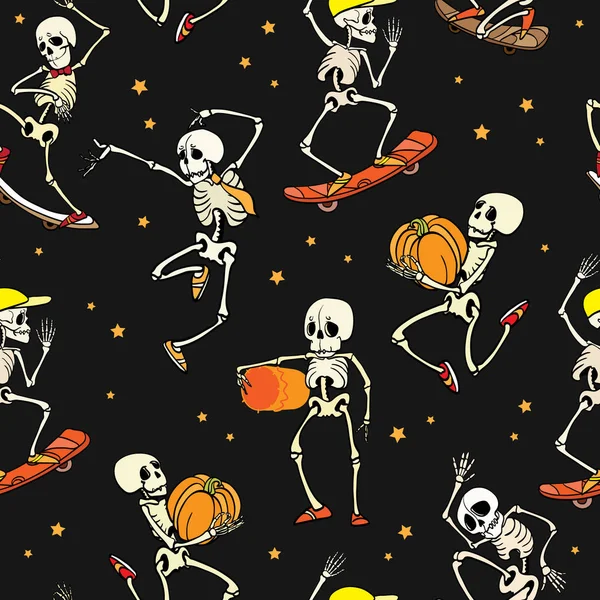 Vektor tanzen und Skateboarding Skelette haloween wiederholen Muster Hintergrund. ideal für gruseligen Spaß Party Themen Stoff, Geschenke, Geschenkpapier. — Stockvektor