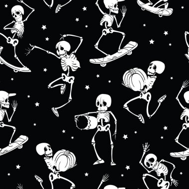 Vektör siyah beyaz eğlenceli dans ve kaykay iskeletler Haloween desen arka plan tekrarlayın. Büyük ürkütücü eğlenceli parti için temalı kumaş, hediyeler, giftwrap.