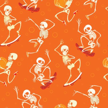 Eğlenceli turuncu vektör dans ve kaykay iskeletler Haloween desen arka plan tekrarlayın. Büyük ürkütücü eğlenceli parti için temalı kumaş, hediyeler, giftwrap.