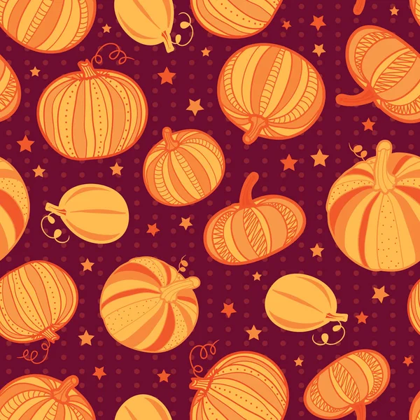 Vector orange dark red pumpkins polka dots seamless repeat pattern background. Great for fall themed designs, invitation, fabric, packaging projects. — Stock Vector