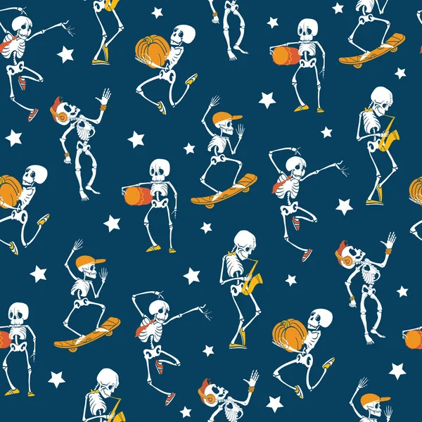 Vector azul, blanco, naranja baile y skateboarding esqueletos Haloween fondo patrón de repetición. Ideal para la diversión espeluznante fiesta temática tela, regalos, regalo . — Vector de stock