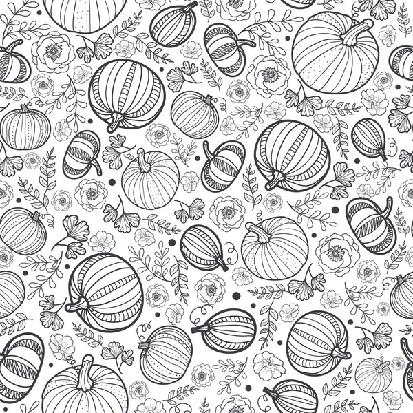 Vector zwart-wit pompoenen naadloze herhalen patroon achtergrond. Geweldig voor vallen thema ontwerpen, uitnodiging, stof, verpakking projecten. — Stockvector