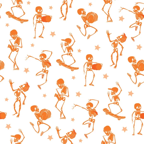 Vektor orange tanzen und Skateboarding Skelette haloween wiederholen Muster Hintergrund. ideal für gruseligen Spaß Party Themen Stoff, Geschenke, Geschenkpapier. — Stockvektor