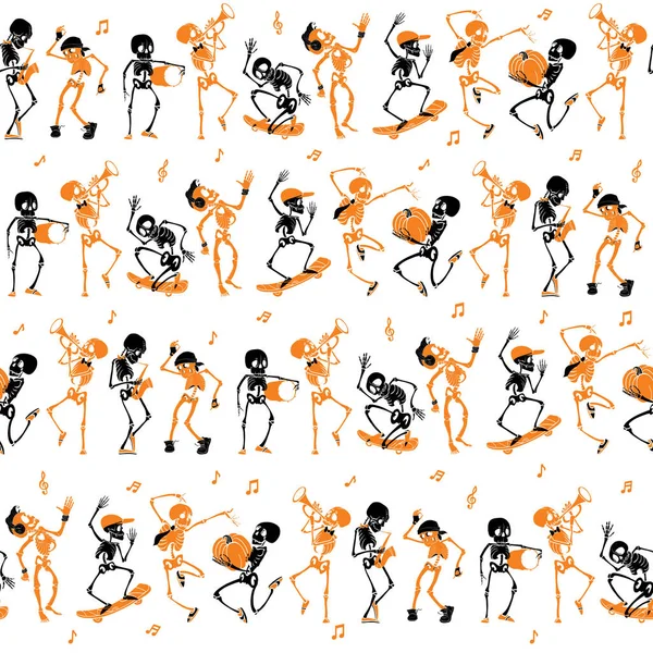 Vector oranje, zwart dansen en skateboarden skeletten Haloween herhalen patroon achtergrond. Groot voor griezelig leuke party thema weefsel, geschenken, geschenkverpakking. — Stockvector