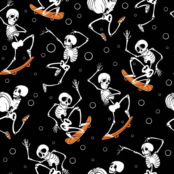 Vector negro skateboarding, saltar esqueletos Haloween fondo patrón de repetición. Ideal para la diversión espeluznante fiesta temática tela, regalos, regalo . — Vector de stock