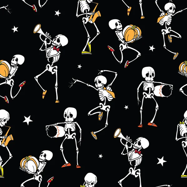 Vector dark black dancing and plating music skeletons band Haloween repeat pattern background. Great for spooky fun party themed fabric, gifts, giftwrap. — Stock Vector