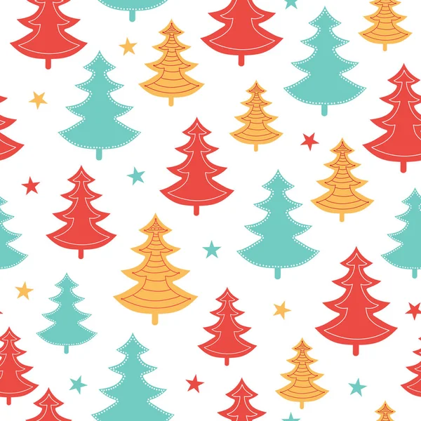 Vector verde, amarillo, rojo árboles de Navidad dispersos vacaciones de invierno patrón sin costuras. Ideal para la tela, papel pintado, embalaje, regalo . — Vector de stock