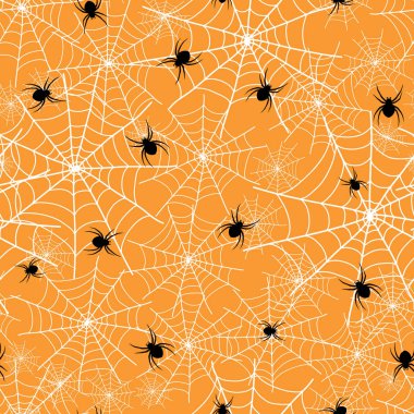 Turuncu vektör spiderweb siyah örümcekler Cadılar Bayramı sorunsuz tekrar desen arka plan ile. Ürkütücü kumaş, duvar kağıdı, giftwrap, ambalaj projeleri için büyük.