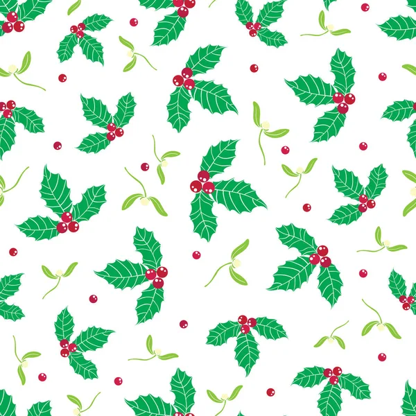 矢量绿色、 红色冬青浆果和槲寄生假期无缝图案背景。伟大的冬季主题包装，giftwrap，礼品项目. — 图库矢量图片