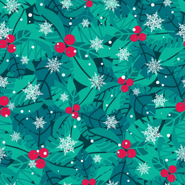 Vector blå, röda, vita holly bär och snöflingor semester sömlös bakgrund. Perfekt för vinter tema förpackningar, presentpapper, presenter projekt. — Stock vektor