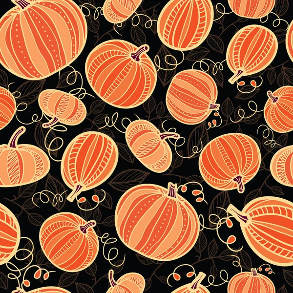 Vector naranja y negro calabazas textura sin costuras repetir el fondo del patrón. Ideal para diseños temáticos de otoño, invitación, tela, proyectos de embalaje . — Archivo Imágenes Vectoriales