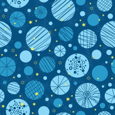Vektör soyut koyu mavi elle çizilmiş Sunni Noel süsler ve tekrar Dikişsiz desen arka plan yıldız. Kumaş, duvar kağıdı, kırtasiye, ambalaj için kullanılabilir.