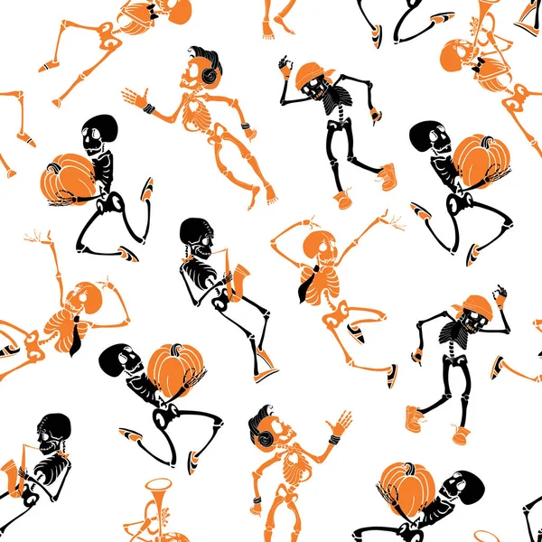 Vector dark black, orange dancing and plating music skeletons band Haloween repeat pattern background. Great for spooky fun party themed fabric, gifts, giftwrap. — Stock Vector