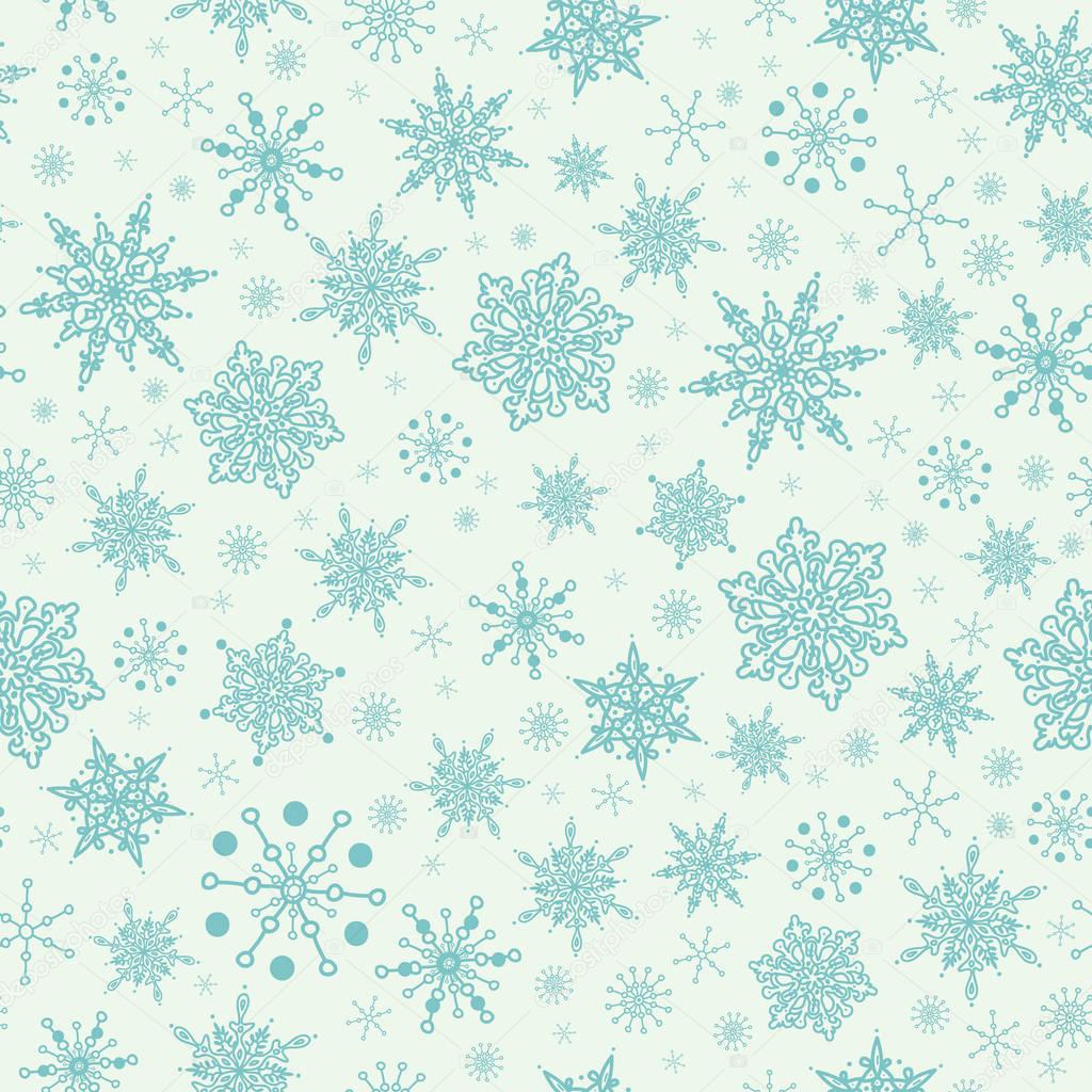 Vector mint green hand drawn christmass snowflakes repeat seamless pattern background. Can be used for fabric, wallpaper, stationery, packaging.