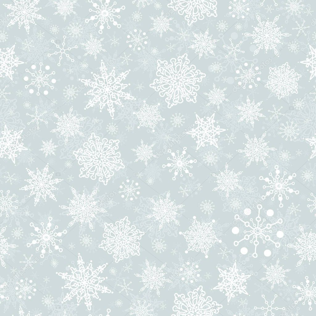 Vector silver grey hand drawn christmass snowflakes repeat seamless pattern background. Can be used for fabric, wallpaper, stationery, packaging.