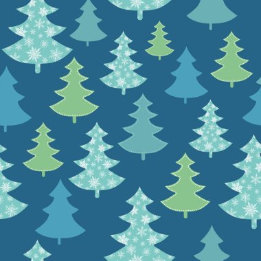 Vektör koyu mavi, yeşil Noel ağaçları kış tatil seamless modeli dağınık. Kumaş, duvar kağıdı, ambalaj, giftwrap için harika.