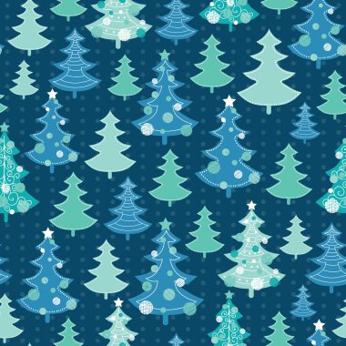 Koyu yeşil ve mavi süslü Noel ağaçları kış tatil Dikişsiz desen vektör. Kumaş, duvar kağıdı, ambalaj, giftwrap için harika.