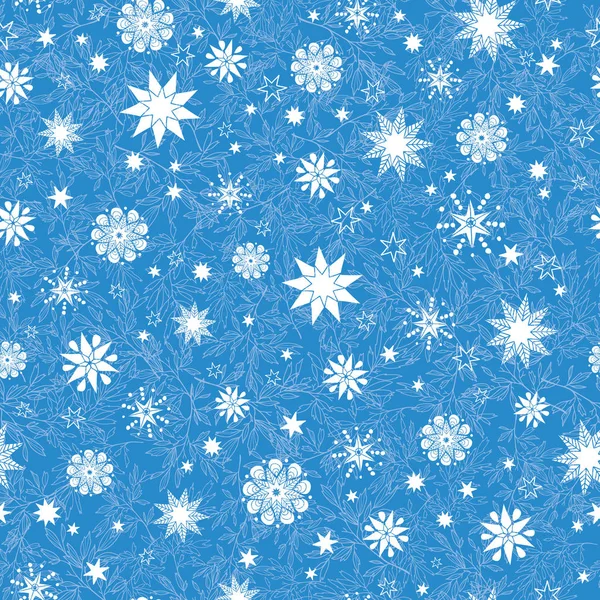 Vector royal blue hand getrokken kerst sneeuwvlokken sterren Herhaal naadloze patroon achtergrond. Kan worden gebruikt voor stof, behang, briefpapier, verpakking. — Stockvector