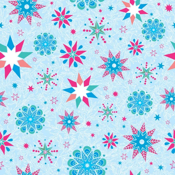 Vector colorido en azul dibujado a mano christmass copos de nieve estrellas repetir fondo patrón sin costuras. Puede ser utilizado para la tela, papel pintado, papelería, embalaje . — Vector de stock