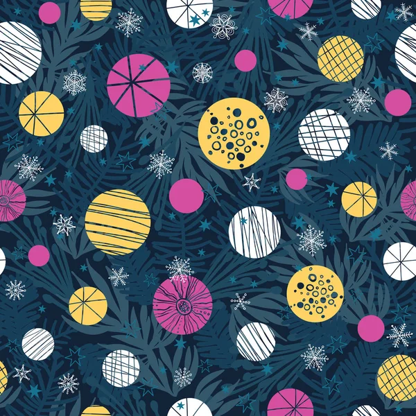 Vector winter holiday dark blue, pink, yellow abstract ornaments and stars seamless repeat pattern background. Great for holiday fabric, packaging, wallpaper, gift wrap projects. — Stock Vector