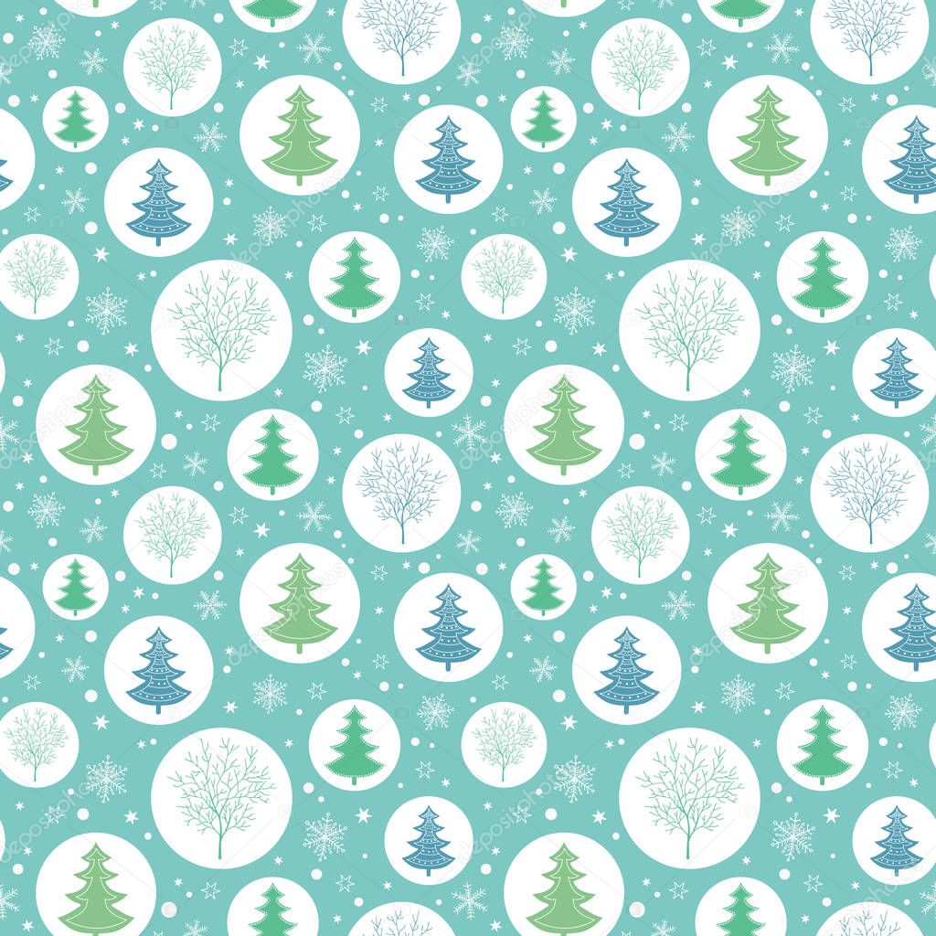 Vector green and blue christmas trees in circles ornamemtns holiday seamless pattern. Great for fabric, wallpaper, packaging, giftwrap.