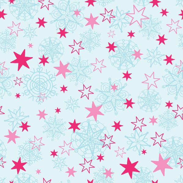Векторные светло-голубые и розовые ручные рождественские снежинки звезды повторяют бесшовный фон. Может быть использована для производства обоев, канцелярских товаров, упаковки
.