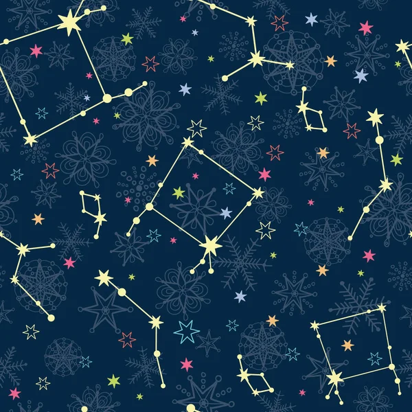 Vector azul oscuro y amarillo estrellas constelaciones con dibujado a mano copos de nieve christmass repetir fondo patrón sin costuras. Puede ser utilizado para la tela de vacaciones, papel pintado, papelería, embalaje . — Archivo Imágenes Vectoriales
