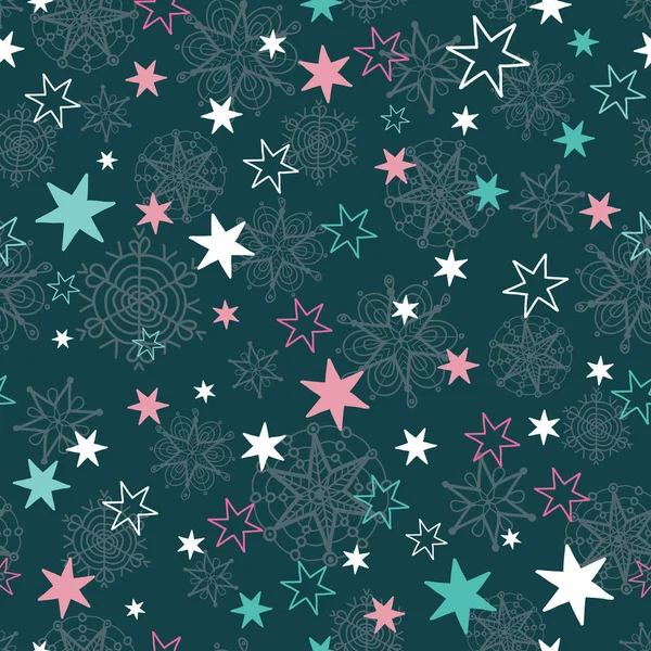 Vector gris, azul, rosa dibujado a mano copos de nieve christmass y estrellas repiten fondo patrón sin costuras. Puede ser utilizado para la tela, papel pintado, papelería, embalaje . — Archivo Imágenes Vectoriales