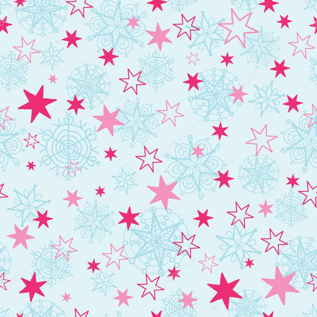 Vector light blue and pink hand drawn christmass snowflakes stars repeat seamless pattern background. Can be used for fabric, wallpaper, stationery, packaging.
