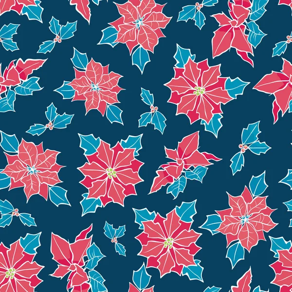 Vector azul, flor de poinsettia roja y fondo de patrón sin costuras de vacaciones de baya de acebo. Ideal para envases temáticos de invierno, envoltura de regalo, proyectos de regalos . — Vector de stock