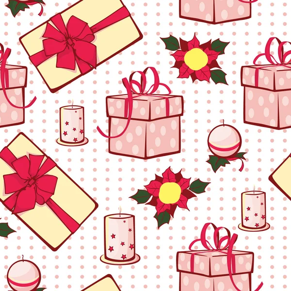 Vector Navidad regalos cajas y velas sin costuras patrón de repetición de fondo. Puede ser utilizado para regalo de vacaciones, tela, papel pintado, papelería, embalaje . — Vector de stock