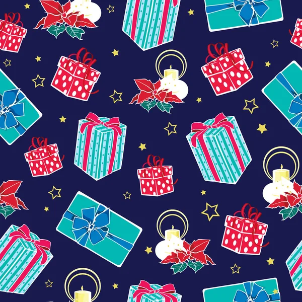 Ciemny niebieski Christmas prezenty pola wektorowe i świece bezszwowe Powtórz wzór tła. Mogą być używane na wakacje do pakowania prezentów, tkaniny, Tapety, artykuły papiernicze, opakowania. — Wektor stockowy