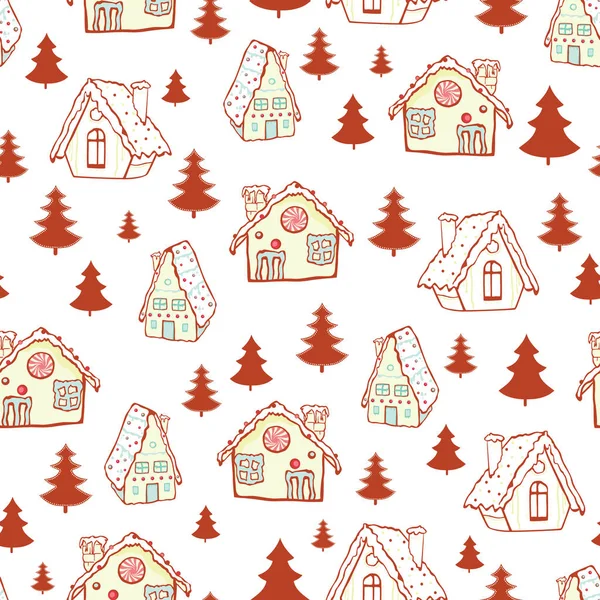 Vektor rote Lebkuchenhäuser und Weihnachtsbäume nahtlose Muster Hintergrund. perfekt für Winterurlaub Stoff, Geschenkpapier, Scrapbooking, Grußkarten Design-Projekte. — Stockvektor