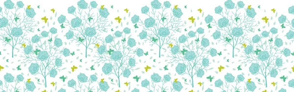 ベクトル青緑の咲く木と空飛ぶ蝶水平シームレスな繰り返しパターン背景境界線。素晴らしいファブリック、壁紙、包装紙、結婚式招待状デザインします。. — ストックベクタ