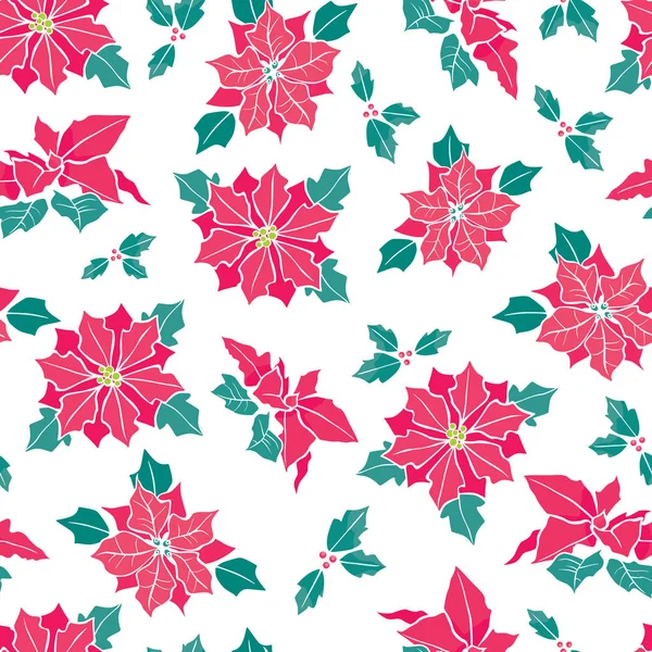 Vecteur rouge sur fond blanc fleur de poinsettia et holly berry vacances motif sans couture. Idéal pour l'emballage sur le thème de l'hiver, emballage cadeau, projets cadeaux . — Image vectorielle