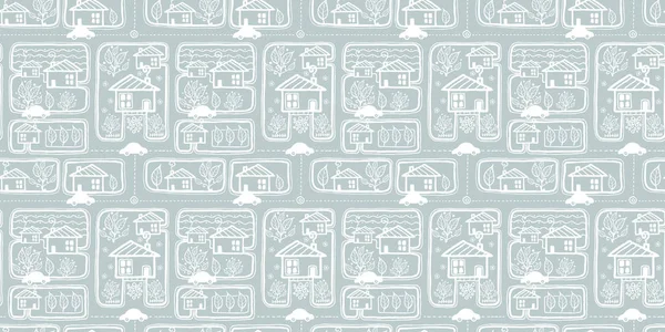 Vector gris plata doodle calles de la ciudad textura sin costuras patrón de repetición bacgkround diseño. Ideal para tarjetas de felicitación de primavera, invitaciones, anuncios en movimiento, tela, papel pintado, proyectos de envoltura . — Archivo Imágenes Vectoriales