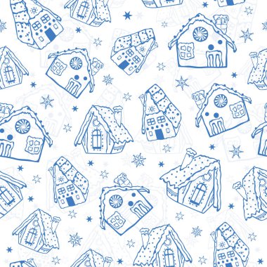 Vektör mavi gingerbread Dikişsiz desen arka plan ev sahipliği yapmaktadır. Kış tatil kumaş, giftwrap, scrapbooking, tebrik kartları için mükemmel tasarım projeleri.