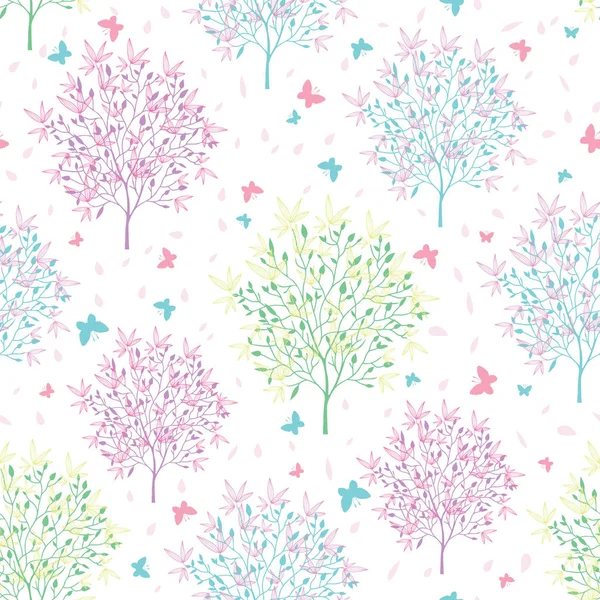 Vector pastel spring blossoming trees and butterflies seamless pattern background. Great for sprintime themed fabric, packaging, giftwrap, gifts projects. — Stock Vector