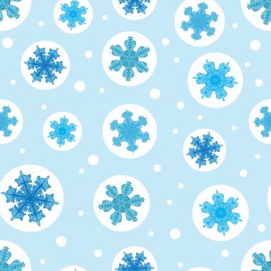 Vektör tatil ışık mavi kabarcıkları Sunni Noel kar taneleri ile seamless modeli arka plan tekrarlayın. Kumaş, duvar kağıdı, kırtasiye, ambalaj için kullanılabilir.