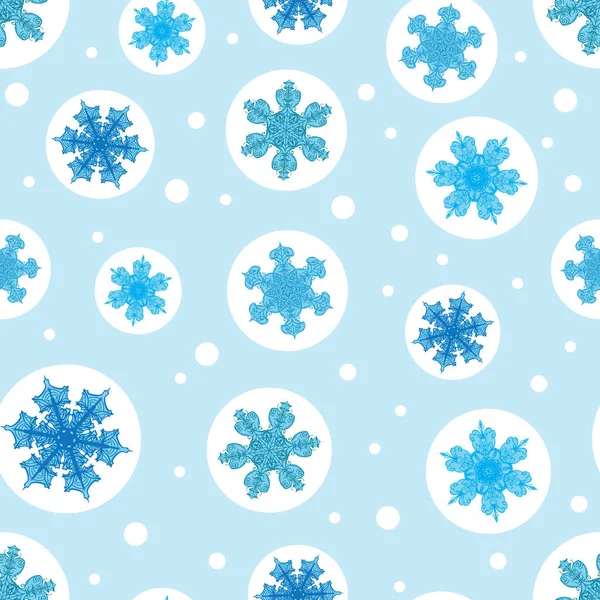 Vector vakantie licht blauwe bubbels met kerst sneeuwvlokken Herhaal naadloze patroon achtergrond. Kan worden gebruikt voor stof, behang, briefpapier, verpakking. — Stockvector