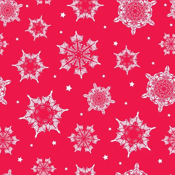 Vector holiday vibrant red hand drawn christmass snowflakes repeat seamless pattern background. Can be used for fabric, wallpaper, stationery, packaging. — Stock Vector